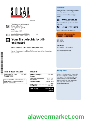 Azerbaijan Socar gas business utility bill template, fully editable in PSD format